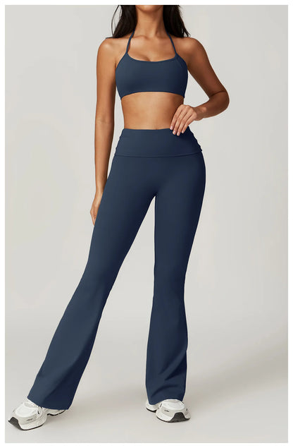 GymEss Hanging Neck Back Fitness Flared Pants Set Flip Fold High Waisted & Skinny