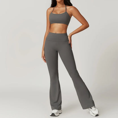 GymEss Hanging Neck Back Fitness Flared Pants Set Flip Fold High Waisted & Skinny