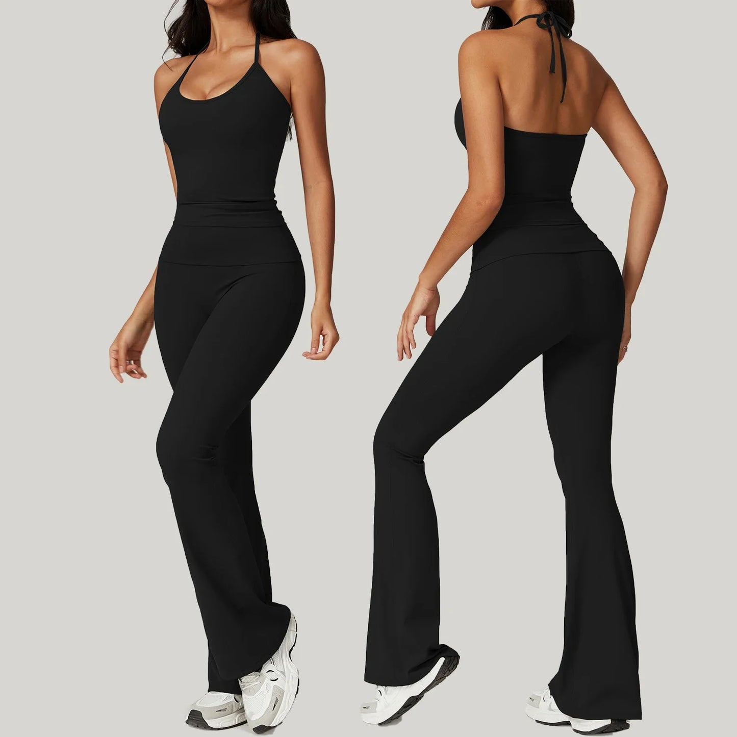 GymEss Hanging Neck Back Fitness Flared Pants Set Flip Fold High Waisted & Skinny