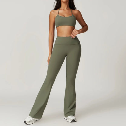 GymEss Hanging Neck Back Fitness Flared Pants Set Flip Fold High Waisted & Skinny