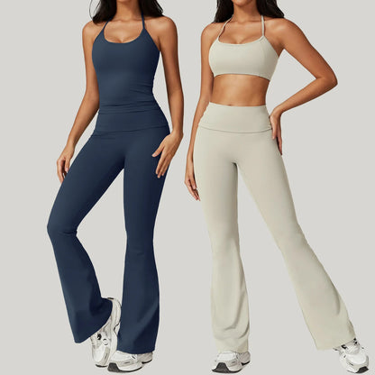 GymEss Hanging Neck Back Fitness Flared Pants Set Flip Fold High Waisted & Skinny