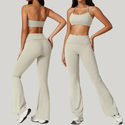 GymEss Hanging Neck Back Fitness Flared Pants Set Flip Fold High Waisted & Skinny