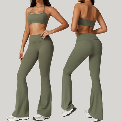 GymEss Hanging Neck Back Fitness Flared Pants Set Flip Fold High Waisted & Skinny