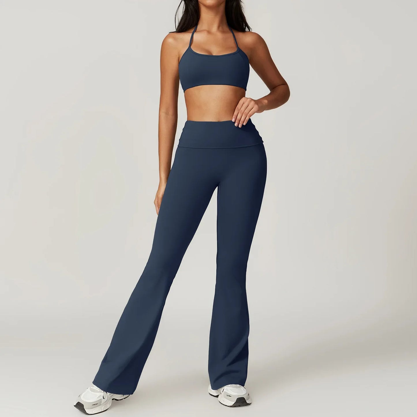 GymEss Hanging Neck Back Fitness Flared Pants Set Flip Fold High Waisted & Skinny