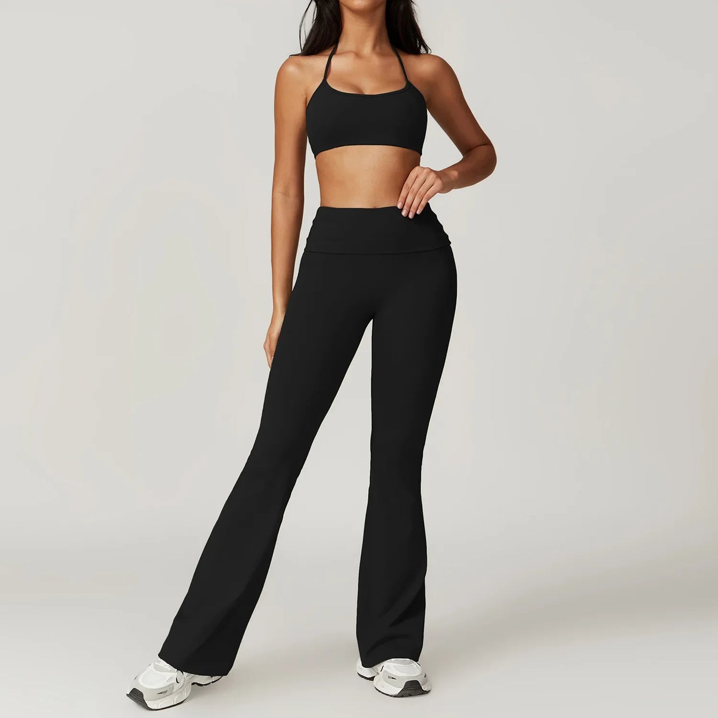 GymEss Hanging Neck Back Fitness Flared Pants Set Flip Fold High Waisted & Skinny